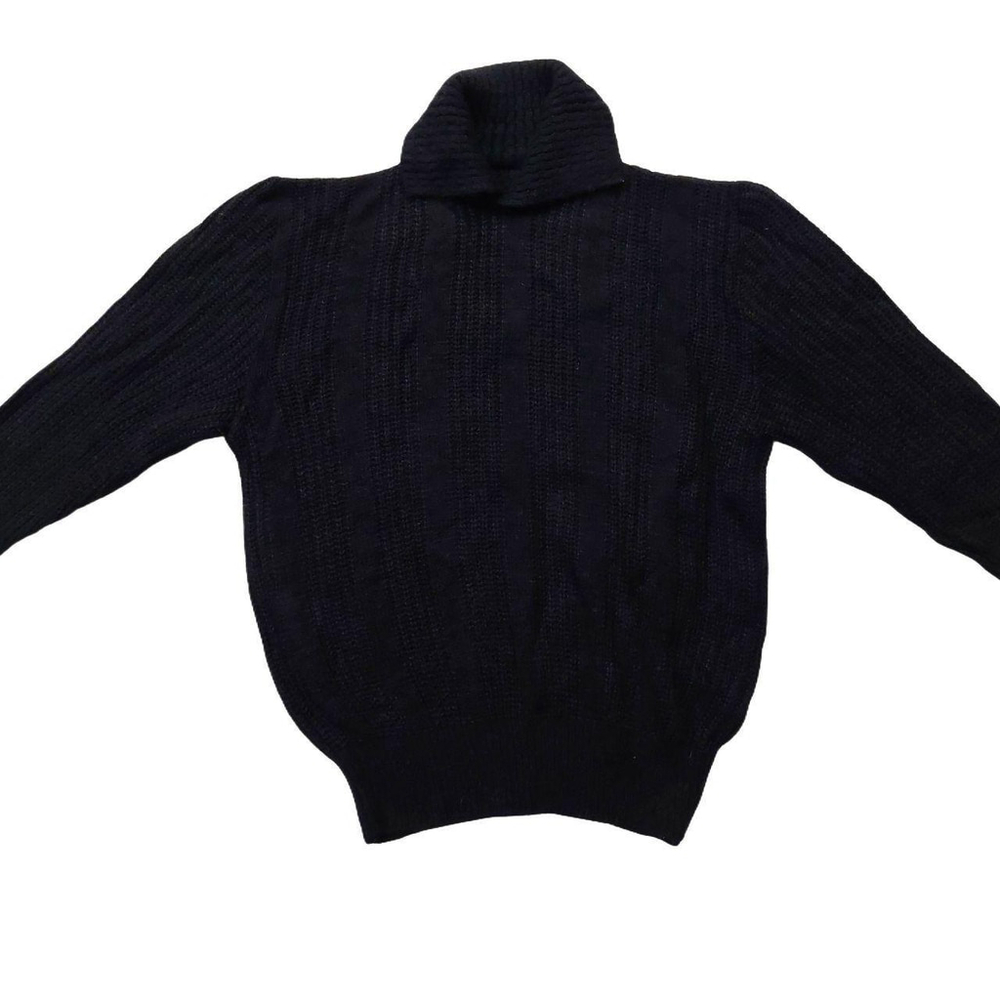 Vintage 1940s-1960s Black Ribbed 3/4 Sleeve Collared Knit Sweater Sz Small